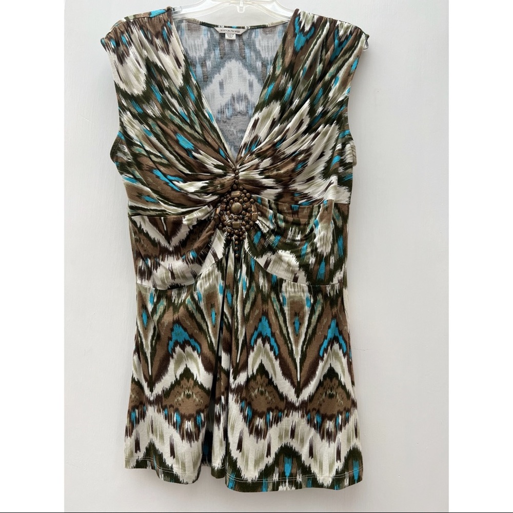 Boston Proper Green Blue Cream Boho Print Bronze Metal Embellish Sleeveless Top